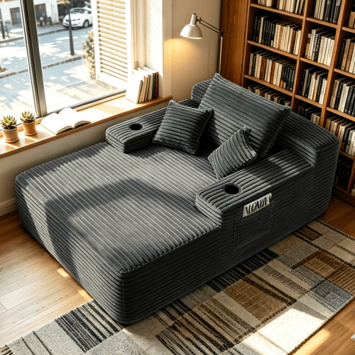 Convertible Chaise Lounge Chair Plush with Wide Armrest & Throw Pillows, Cozy Boneless Sleeper Sofa Bed Armchair, with cup holder,for Living Room, Bedroom, Grey
