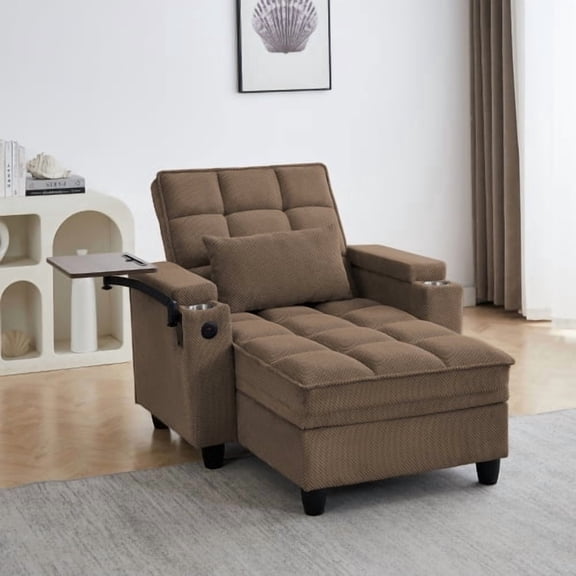 Convertible Chaise Lounge Sofa Bed with 6-Position Adjustable Backrest, USB Charging Port, Hidden Storage Armrests, Cup Holders and 360° Swivel Side Table, Dark Gray Sleeper Chair for Living Room