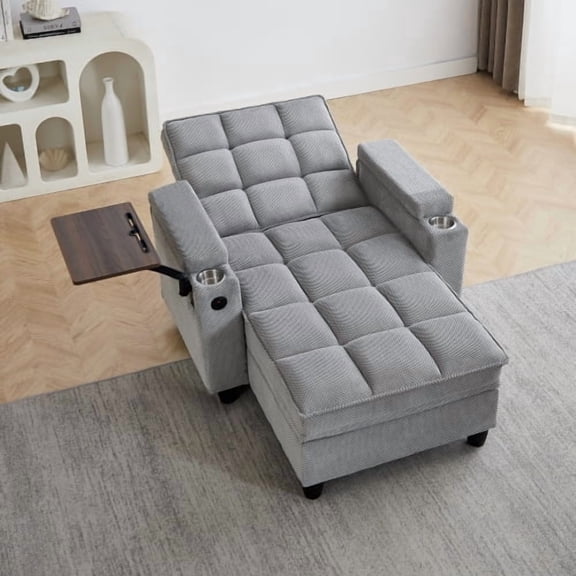 Convertible Chaise Lounge Sofa Bed with 6-Position Adjustable Backrest, USB Charging Port, Hidden Storage Armrests, Cup Holders and 360° Swivel Side Table, Dark Gray Sleeper Chair for Living Room