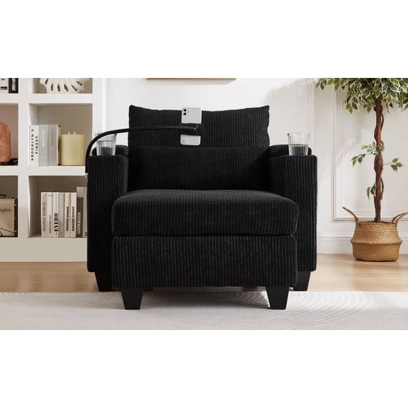 Convertible Chaise Lounge Sofa Bed, Black Corduroy Sleeper Chair with USB Ports, Cup Holders & Storage for Living Room, 37.4"