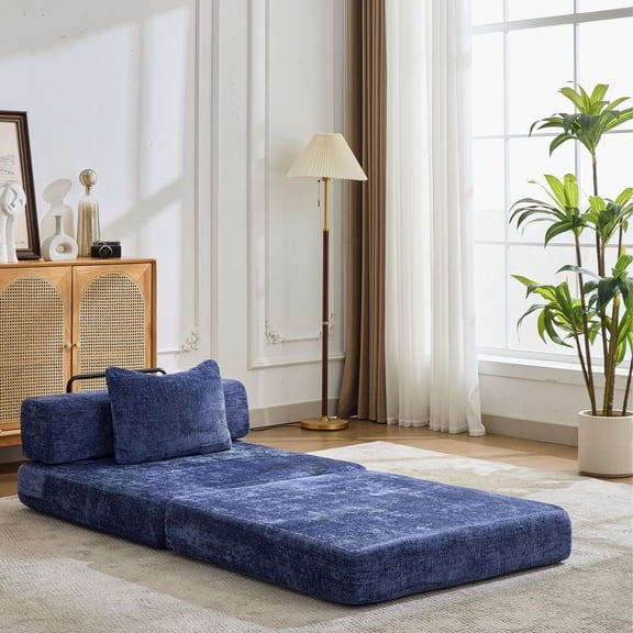 Convertible Chenille Floor Sofa Bed, Single Seater Modular Sectional Couch, No Assembly, Dark Blue, 39"x39" for Living Room & Bedroom