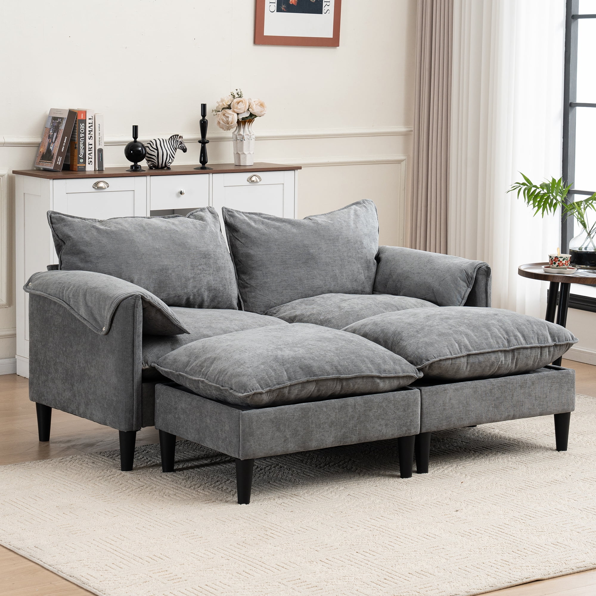 Convertible Combination Sofa U-Shaped Storage Sofa with Footstools , 2-Seater Futon for Living Room, Living Room/Bedroom/Office/Small Space