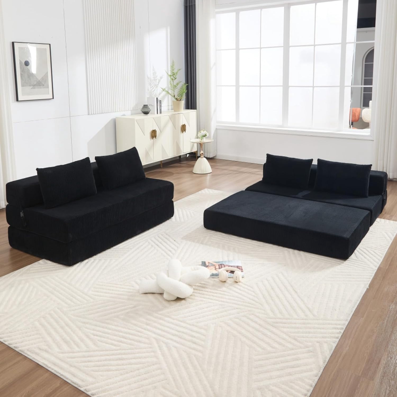 Convertible Corduroy Compression Sofa, Boneless Couch with Pillows, Square Folding Mattress Couch for Living Room, Easy to Assemble, Black