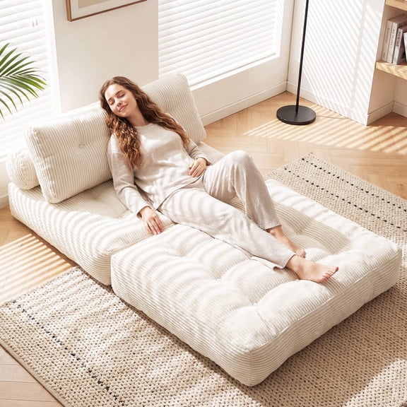 Convertible Corduroy Floor Sofa Bed, Foldable Sleeper Chair Lounger with Pillow for Small Spaces & Dorms
