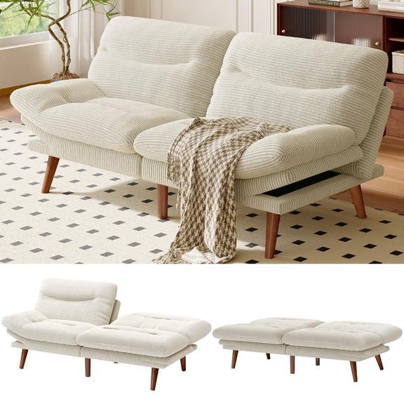 Convertible Corduroy Futon Sofa Bed With Adjustable Backrest And Armrests