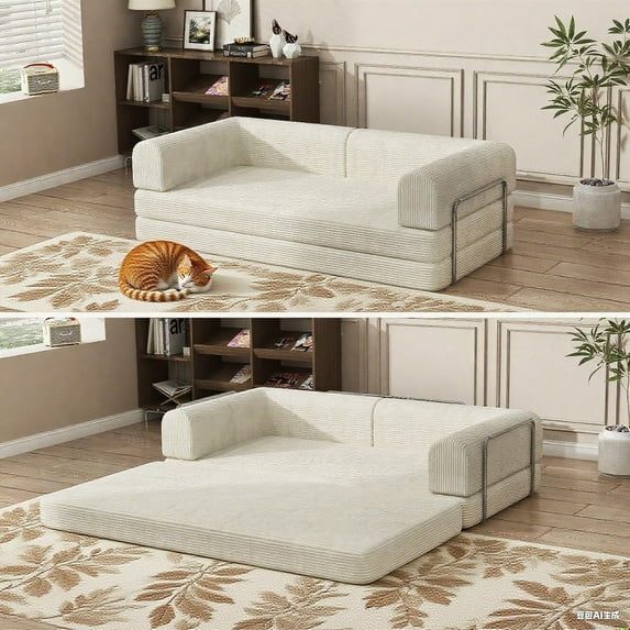 Convertible Corduroy Sleeper Sofa Bed, Folding Mattress Couch with Fixed-Shape Frame, 3 Seater Fold Out King Size Futon, No Assembly Floor Couch for Living Room Dorm Studio, Beige