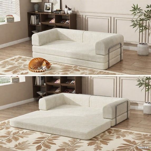 Memoryfield Convertible Corduroy Sleeper Sofa Bed, Folding Mattress Couch with Fixed-Shape Frame, 3 Seater Fold Out King Size Futon, No Assembly Floor Couch for Living Room Dorm Studio, Beige