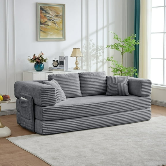 Convertible Couch Sofa Bed Foldable Floor Sleeper | ALL High-Density Foam | Fold Out Deep Seat Couch | King Size | Compression Sofa Sleeper for Living Room, Bedroom | Corduroy Gray