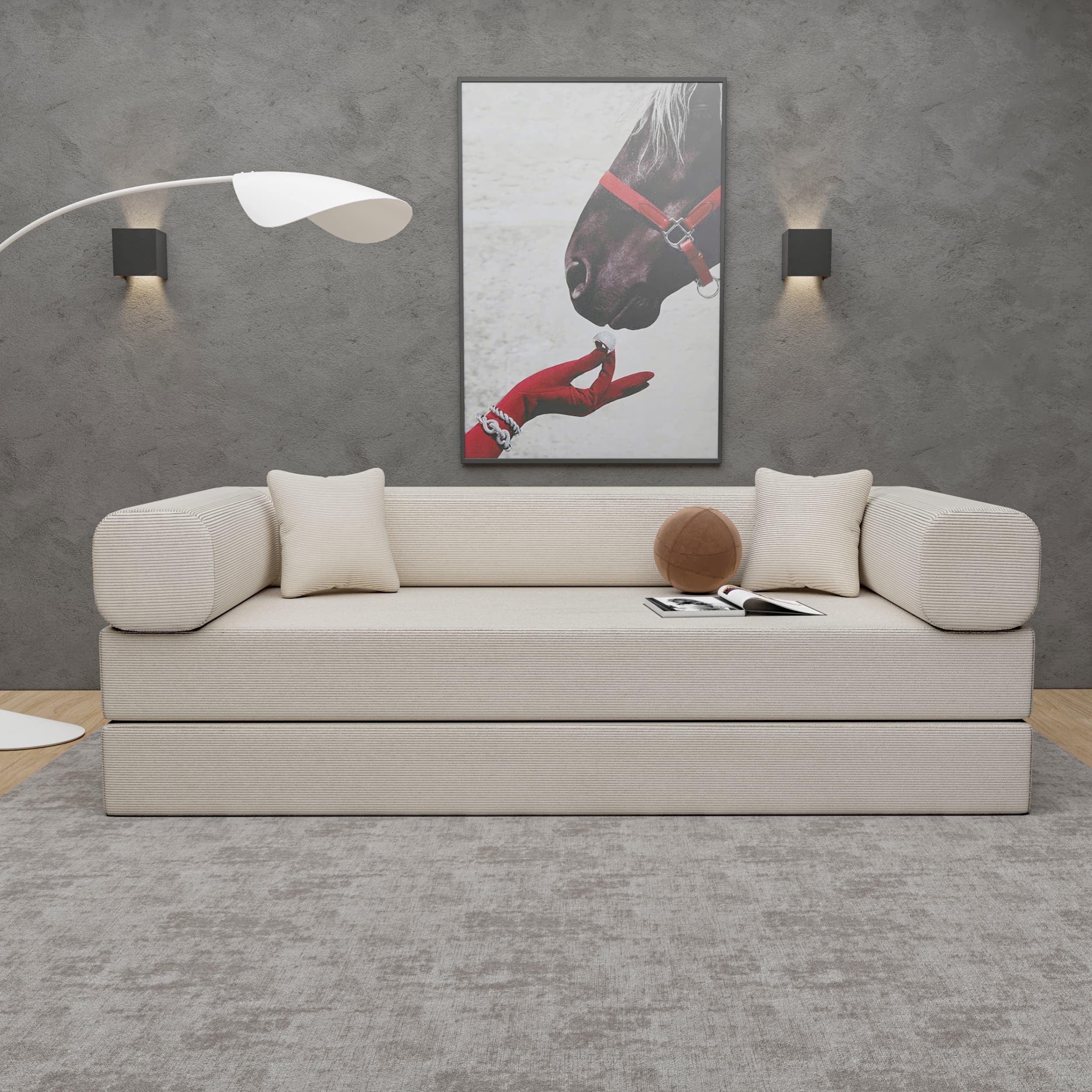 Convertible Couch Sofa Bed Foldable Floor Sleeper | ALL High-Density Foam | Fold Out Deep Seat Couch | King Size | Compression Sofa Sleeper for Living Room, Bedroom | Corduroy Beige