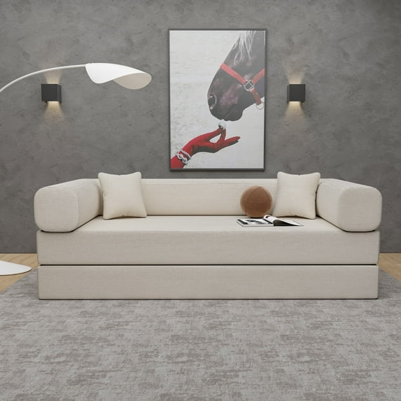 Convertible Couch Sofa Bed Foldable Floor Sleeper | ALL High-Density Foam | Fold Out Deep Seat Couch | King Size | Compression Sofa Sleeper for Living Room, Bedroom | Corduroy Beige