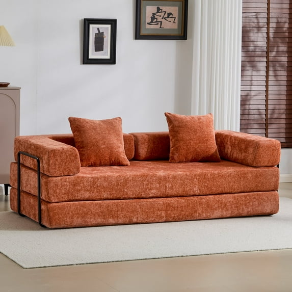 Convertible Couch Sofa Bed Foldable Floor Sleeper | Modern Fold Out Couch | No Assembly Compression Sofa King Size Sleeper for Living Room, Bedroom | Orange Chenille