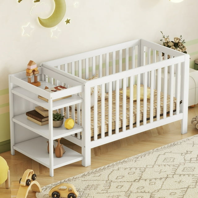 Convertible Crib Full Size Bed with Changing Table, Daybed and Full-Size Bed, Converts to Toddler Bed, Safe Wooden Nursery Furniture, White