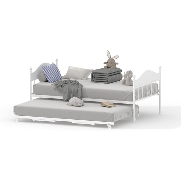 Convertible Daybed with Pop-Up Trundle - Metal Sofa Bed Frame with Reinforced Steel Slats, Set, White