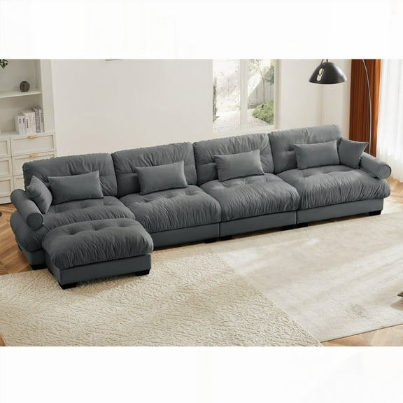 Convertible Deep 4 Seater L Shaped Cloud Sofa for Living Room, Made of Elegant Vintage Velvet with Comfortable Bolster Armrests