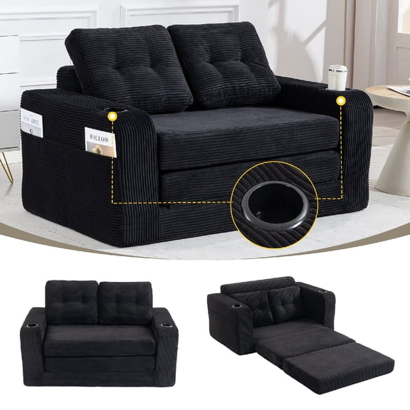 Convertible Expandable double Sofa Couch Bed with Built-in Cup Holder and Side Pockets 2 in 1 Convertible Sofa Couch Bed with Pillows for Living Room, Apartmen, No Assembly Required, Black