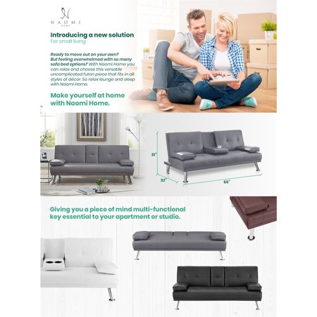 Convertible Faux Leather Futon Sofa Bed, Folding Sofa Couch with arm rest, 2 cup holders and Chrome metal Legs, Caramel
