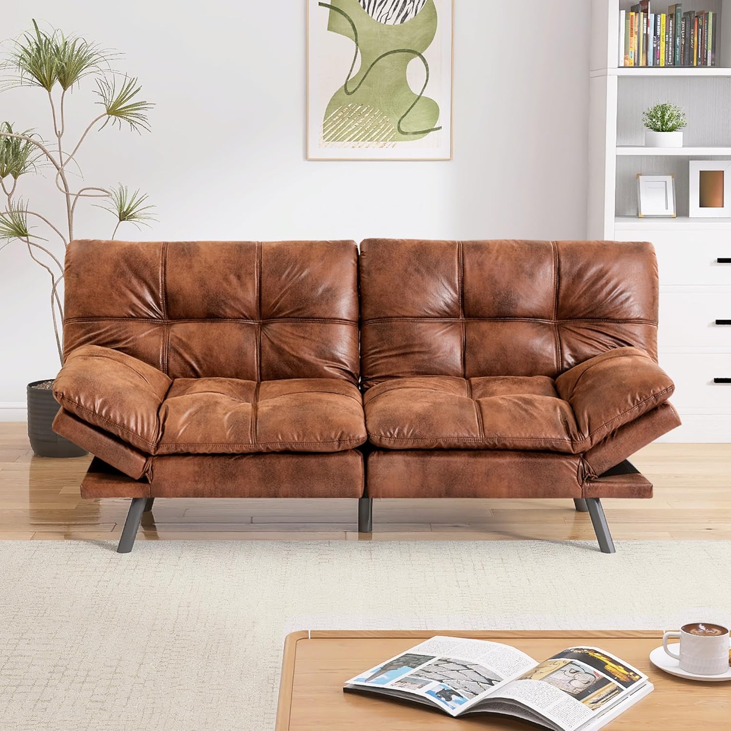 Convertible Faux Leather Sofa Couch, Memory Foam Futon Couch Bed, Small ...