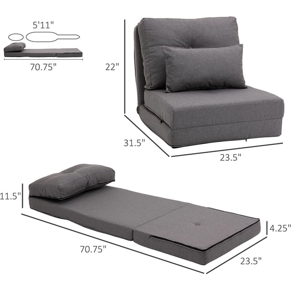 Convertible Flip Chair, Floor Lazy Sofa, Folding Upholstered Couch Bed with Adjustable Backrest, Metal Frame and Pillows for Living Room Bedroom, Dark Grey