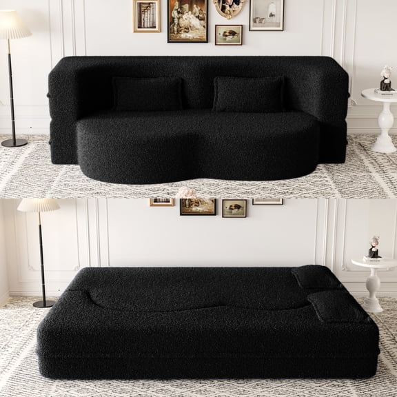 Convertible Floor Sofa with 2 Pillows, Teddy Fabric Foam-Filled Sleeper Sofa Bed, Full Size Folding Mattress for Living Room,Guest Bed, No Assembly Required, Black