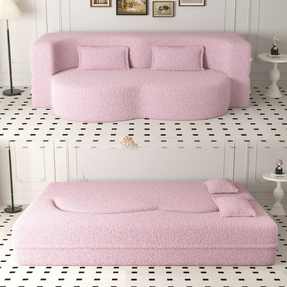 Convertible Floor Sofa Bed with 2 Pillows, 15" Full Size Folding Mattress, Teddy Fabric Sleeper for Small Spaces & Guest Use, No Assembly Required, Pink