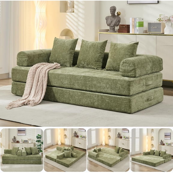 Convertible Floor Sofa Bed, Chenille Fabric Folding Mattress Couch with Armrest and Pillows, No Assembly Space-Saving Floor Lounge Couch for Living Room, Bedroom, Studio(Green)