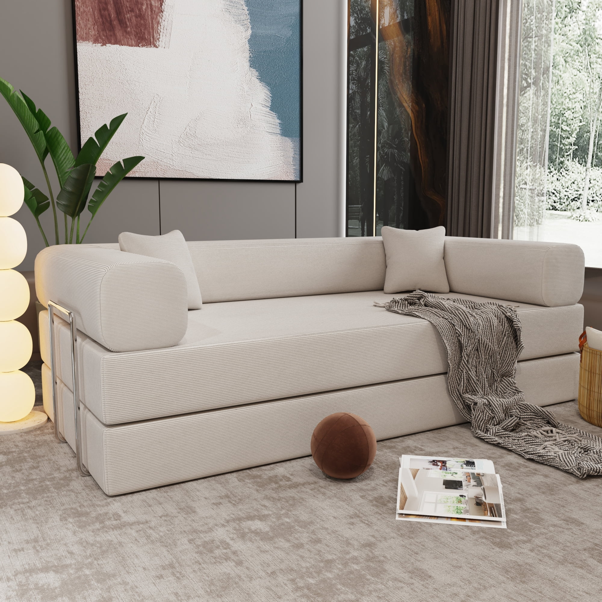 Convertible Floor Sofa Bed, Foldable Mattress Cloud Couch with Pillow Back & Armrest, Corduroy Sleeper Sofa Bed with Fixed-Shape Frame, Compressed Couch for Living Room Bedroom,Beige