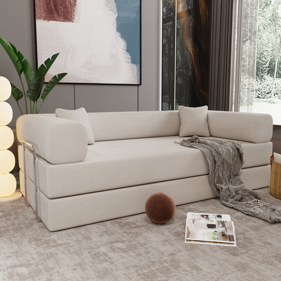 Convertible Floor Sofa Bed, Foldable Mattress Cloud Couch with Pillow Back & Armrest, Corduroy Sleeper Sofa Bed with Fixed-Shape Frame, Compressed Couch for Living Room Bedroom,Beige