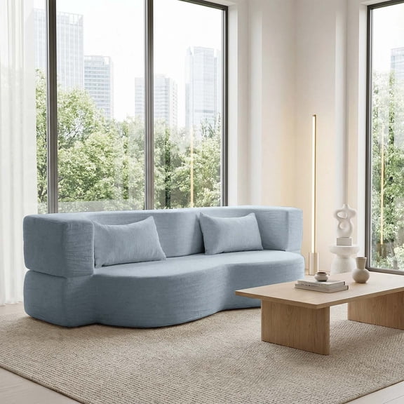 Convertible Floor Sofa Bed, Folding Sleeper Couch with Luxury Teddy Fabric & High Elastic Sponge, Multi-Functional Couch Bed for Living Room Bedroom Reading Napping Blue