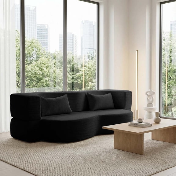 Convertible Floor Sofa Bed, Folding Sleeper Couch with Luxury Teddy Fabric & High Elastic Sponge, Multi-Functional Couch Bed for Living Room Bedroom Reading Napping BLack