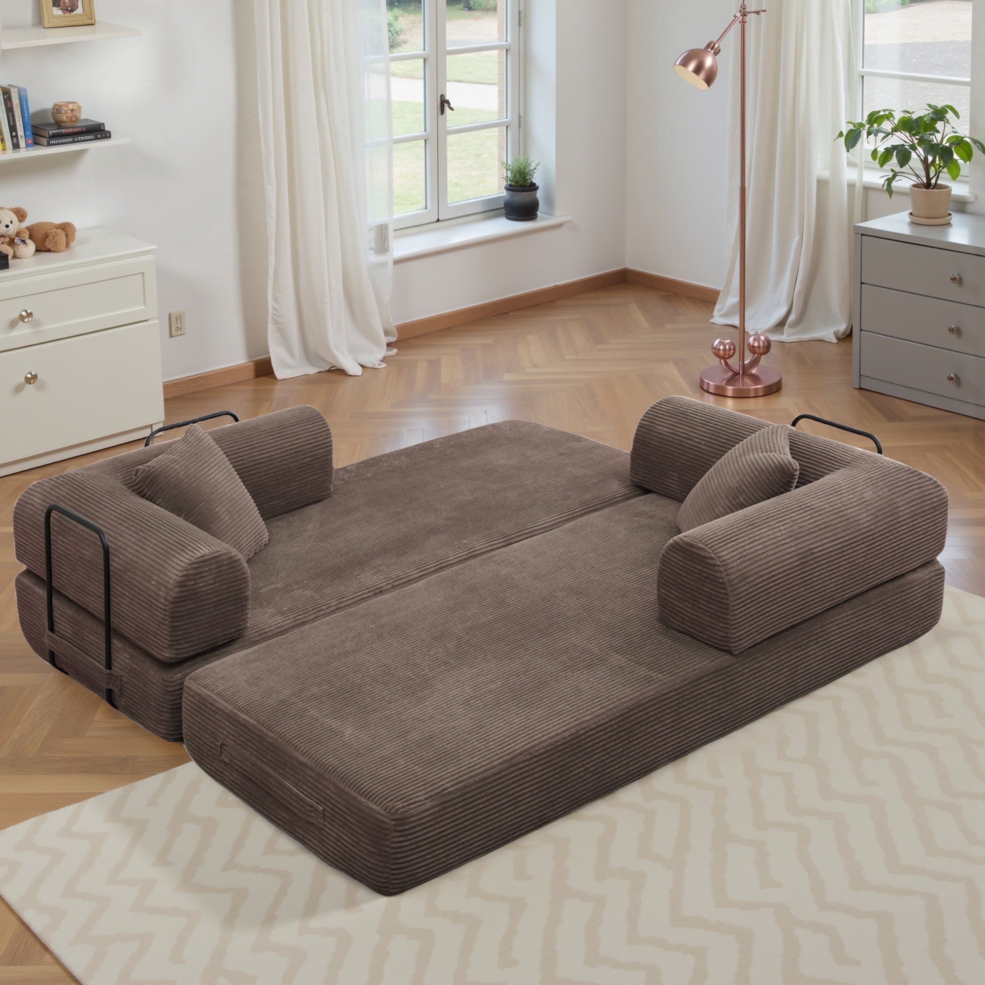 Convertible Floor Sofa Bed, Holaki 63" Foldable Compression Loveseat Lounge Sleeper Sofa with Pillow & Fixed-Shape Frame, Corduroy Folding Boneless Sofa Couch for Living Room, Small Space, Brown
