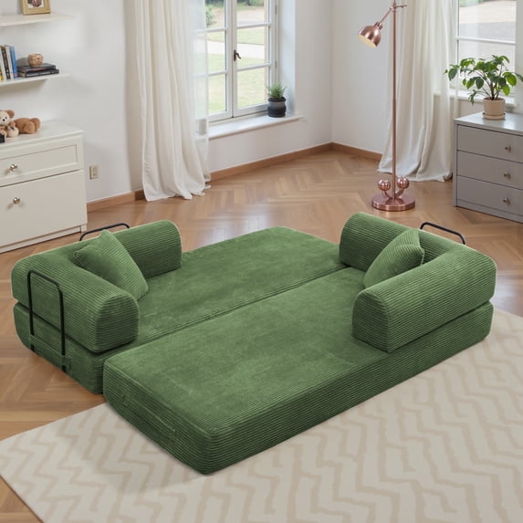 Convertible Floor Sofa Bed, Holaki 63" Foldable Compression Loveseat Lounge Sleeper Sofa with Pillow & Fixed-Shape Frame, Corduroy Folding Boneless Sofa Couch for Living Room Small Space, Olive Green