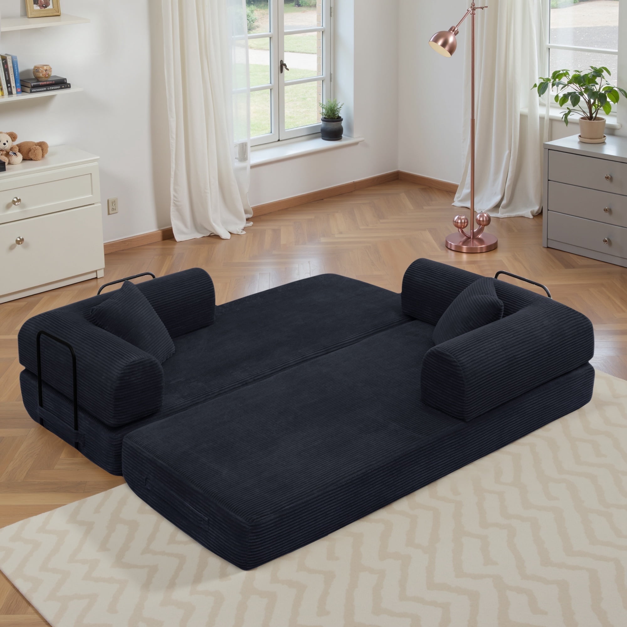 Convertible Floor Sofa Bed, Holaki 63" Foldable Compression Loveseat Lounge Sleeper Sofa with Pillow & Fixed-Shape Frame, Corduroy Folding Boneless Sofa Couch for Living Room, Small Space, Black