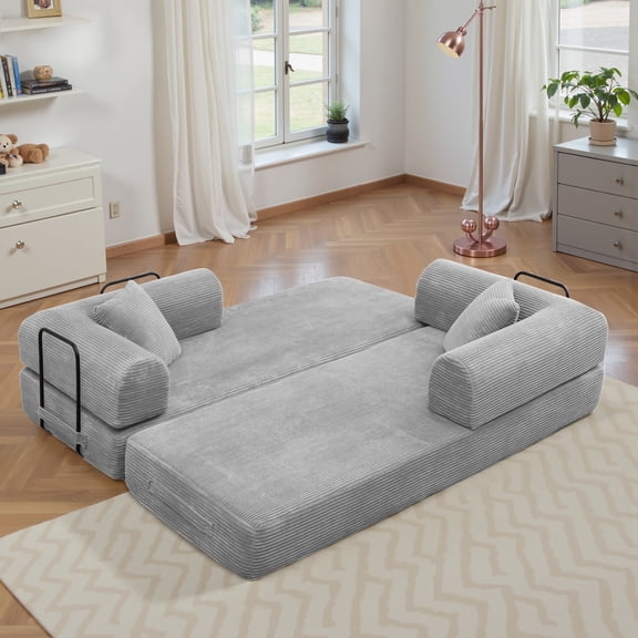 Convertible Floor Sofa Bed, Holaki 63" Foldable Compression Loveseat Lounge Sleeper Sofa with Pillow & Fixed-Shape Frame, Corduroy Folding Boneless Sofa Couch for Living Room, Small Space, Light Gray
