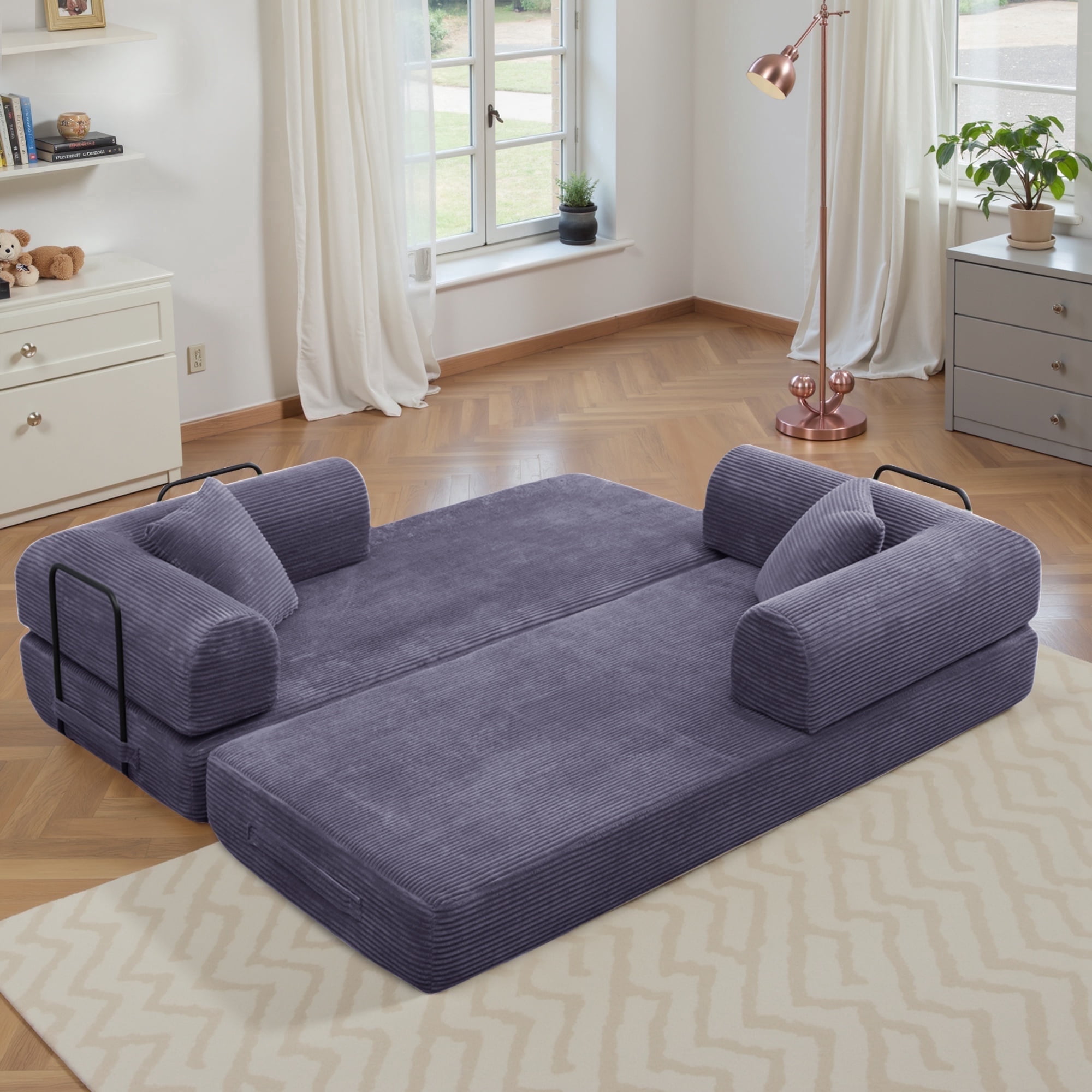 Convertible Floor Sofa Bed, Holaki 63" Foldable Compression Loveseat Lounge Sleeper Sofa with Pillow & Fixed-Shape Frame, Corduroy Folding Boneless Sofa Couch for Living Room, Small Space, Gray