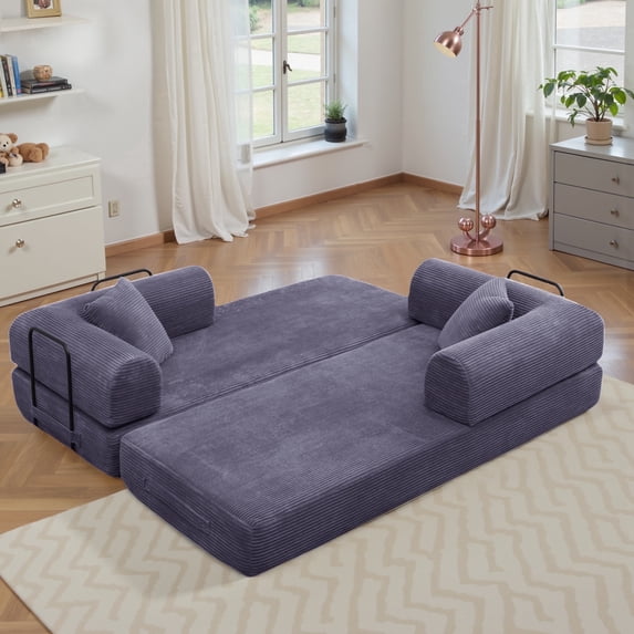 Convertible Floor Sofa Bed, Holaki 63" Foldable Compression Loveseat Lounge Sleeper Sofa with Pillow & Fixed-Shape Frame, Corduroy Folding Boneless Sofa Couch for Living Room, Small Space, Gray