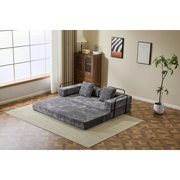 Convertible Floor Sofa Bed with Pillow Back Support Armrest - Easily Transforms into Sleeper, Durable Chenille Fabric for Space-Saving Living Room & Bedroom (Dark Grey)