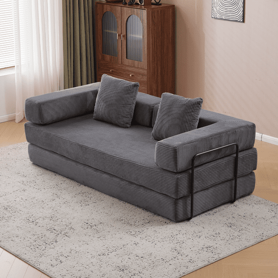 Convertible Floor Sofa Bed with Pillow Back Support & Armrest - Modular Loveseat, Chaise Lounge, Sleeper Bed, and Floor Mattress for Living Room, Guest Room, Bedroom, Dark Gray Corduroy Sofa Lounge