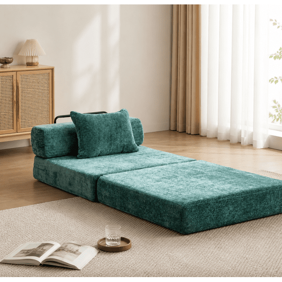 Convertible Floor Sofa Bed, Single Seat Modular Sectional with Memory Foam, Chenille Upholstery, Dark Green