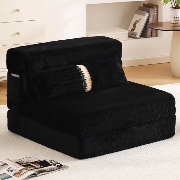 Convertible Floor Sofa Chair, Folding Lounger with Pillow | Plush Fabric Over Supportive Foam; Removable Washable Cover and Side Pocket for Living Rooms, Reading, Relaxing. - Black