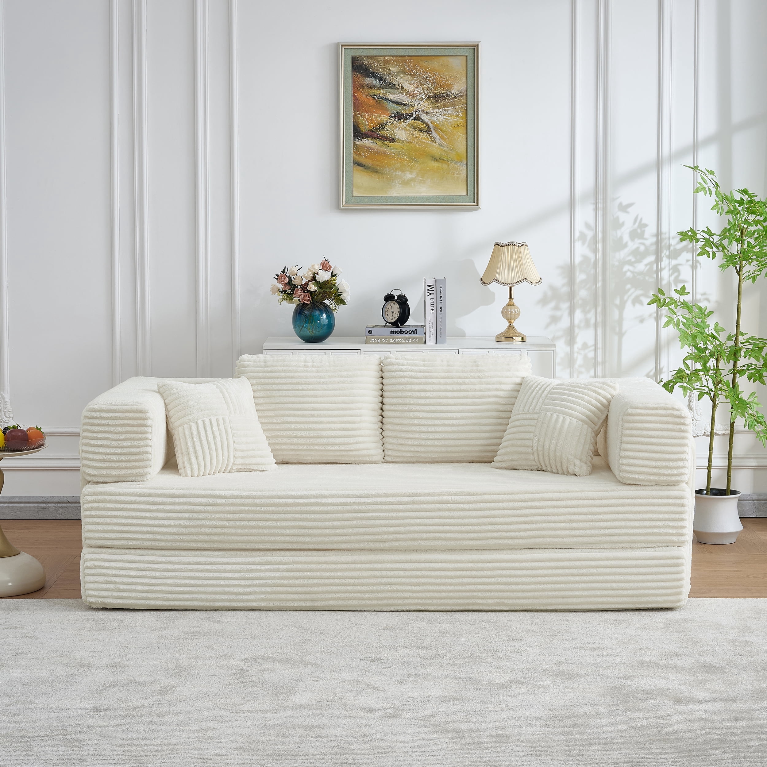 Convertible Foldable Sleeper Sofa Bed with Storage Pockets, No Assembly Folding Floor Couch with 4 Pillows, Daybed Futon, Beige Upgraded
