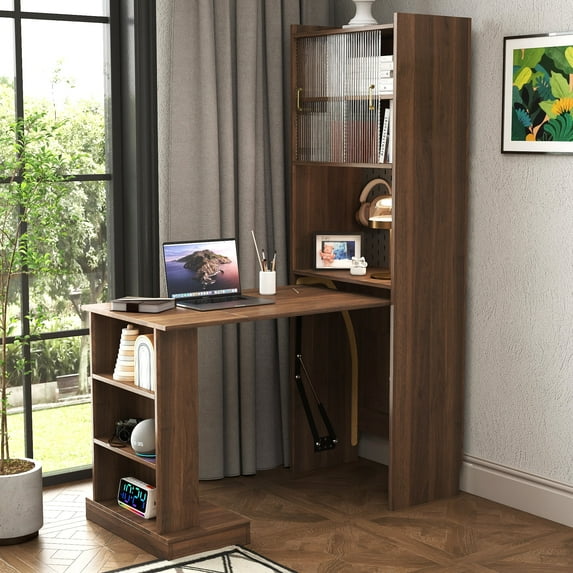 Convertible Folding Computer Desk - Foldable Writing Desk w/liding Glass Doors, Shelves & Pegboard