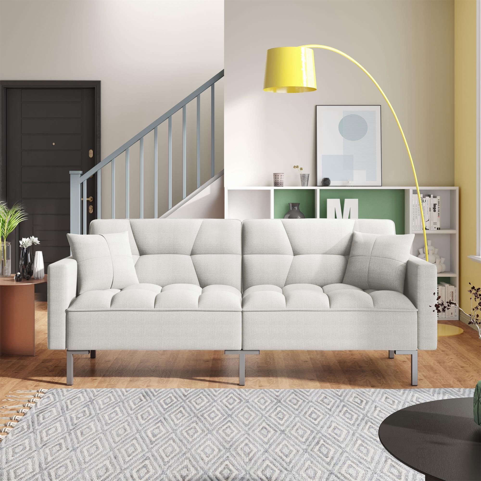 Convertible Folding Futon Sofa Bed with Metal Legs 2 Soft Pillows