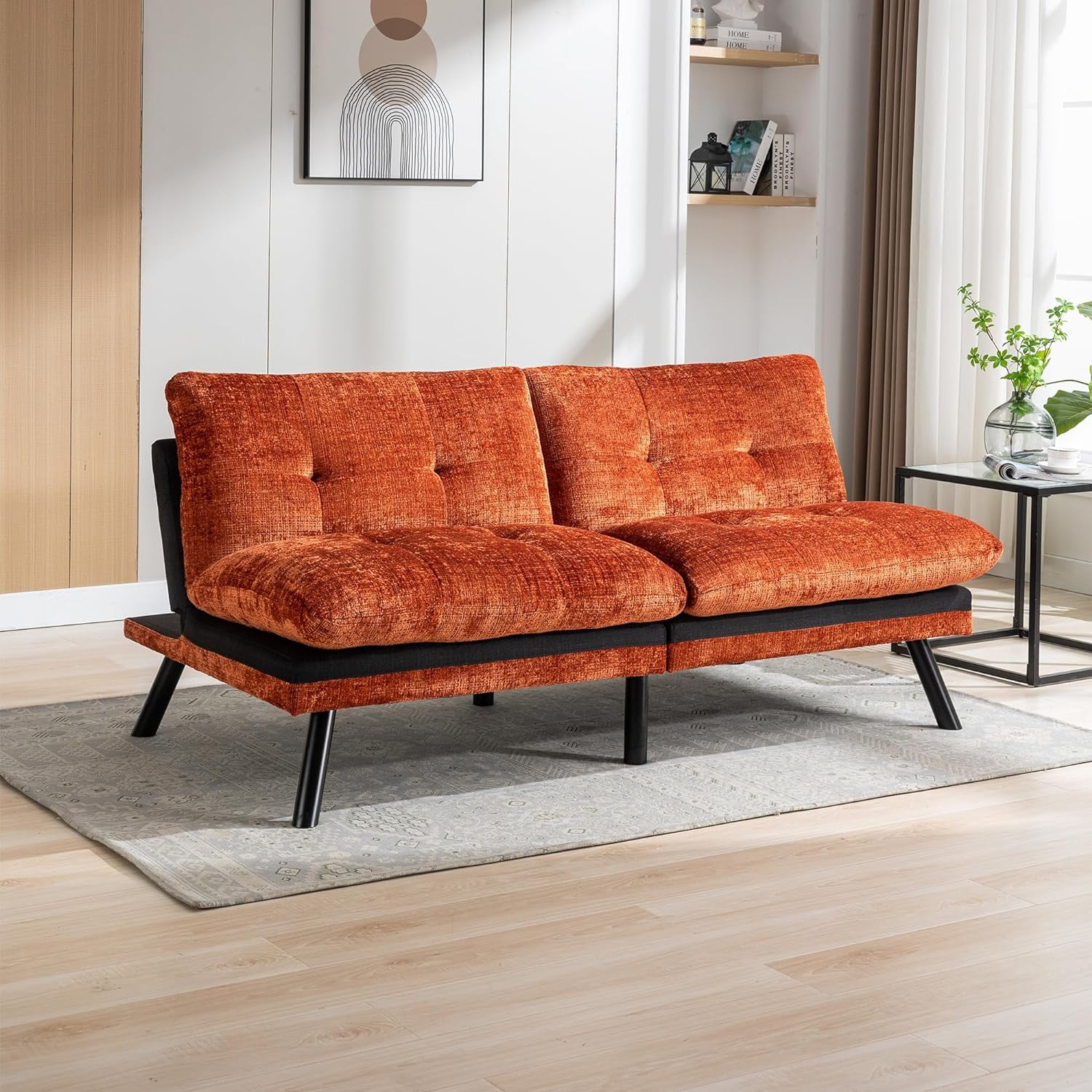 Convertible Folding Futon Sofa Bed Sleeper Couch For Living Room Breathable Lounge Couch With Adjustable Back And Metal Legs Upholstered Chenille