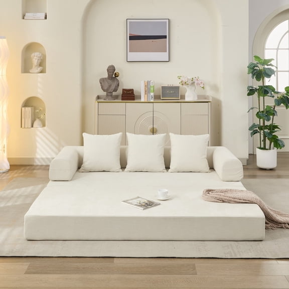 Convertible Folding Mattress Couch, Floor Sofa Bed with Chenille Fabric and Armrest, Lounge Couch for Living Room Bedroom Studio, Beige