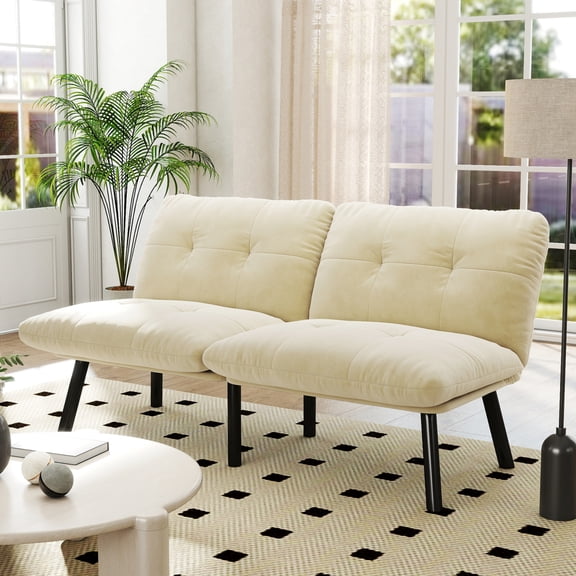 Convertible Folding Modern Sofa Bed, 2-Seater Velvet Sofa with Adjustable Backrest, Multi-Function Lounge Chair Bed for Small Spaces, Twin Size, Cream