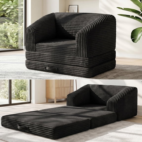 Convertible Folding Sofa Bed, 2-in-1 Single Boneless Sofa Corduroy Foldable Boneless Chair Lounger Sleeper Sofa, Black