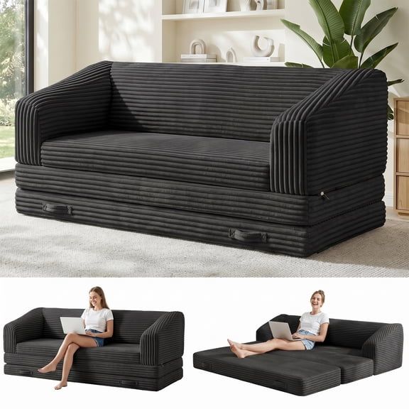 Convertible Folding Sofa Bed, 3 Seaters Corduroy Foldable Boneless Chair Lounger Sleeper Sofa, Black