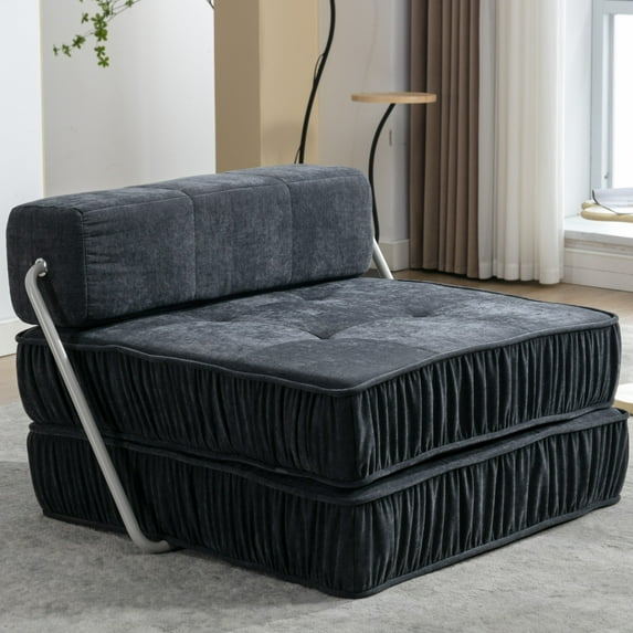 Convertible Folding Sofa Bed, Chenille Futon Chair with Removable Back Cushion, Modern Floor Sofa Sleeping Tri Fold Mattress Chair for Living Room Bedroom Office Apartment, Small Space, Grey