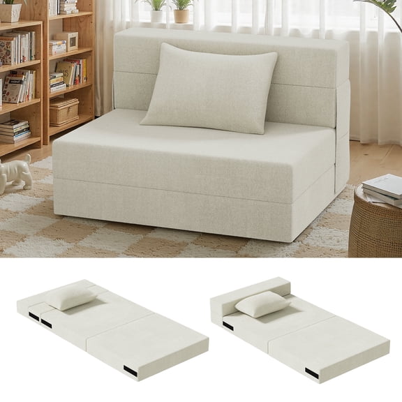 Convertible Folding Sofa Bed - Foldable Sleeper Chair with Pillow, Fabric Floor & Futon Chair, Memory Foam Sleeper for Living Room/Dorm/Guest Room/Home Office/Apartment/Loft, Single Size, White