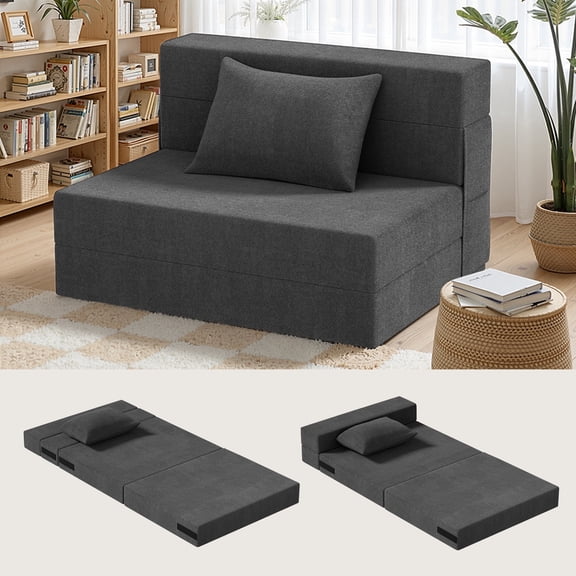 Convertible Folding Sofa Bed - Foldable Sleeper Chair with Pillow, Fabric Floor & Futon Chair, Memory Foam Sleeper for Living Room/Dorm/Guest Room/Home Office/Apartment/Loft, Single Size, Gray